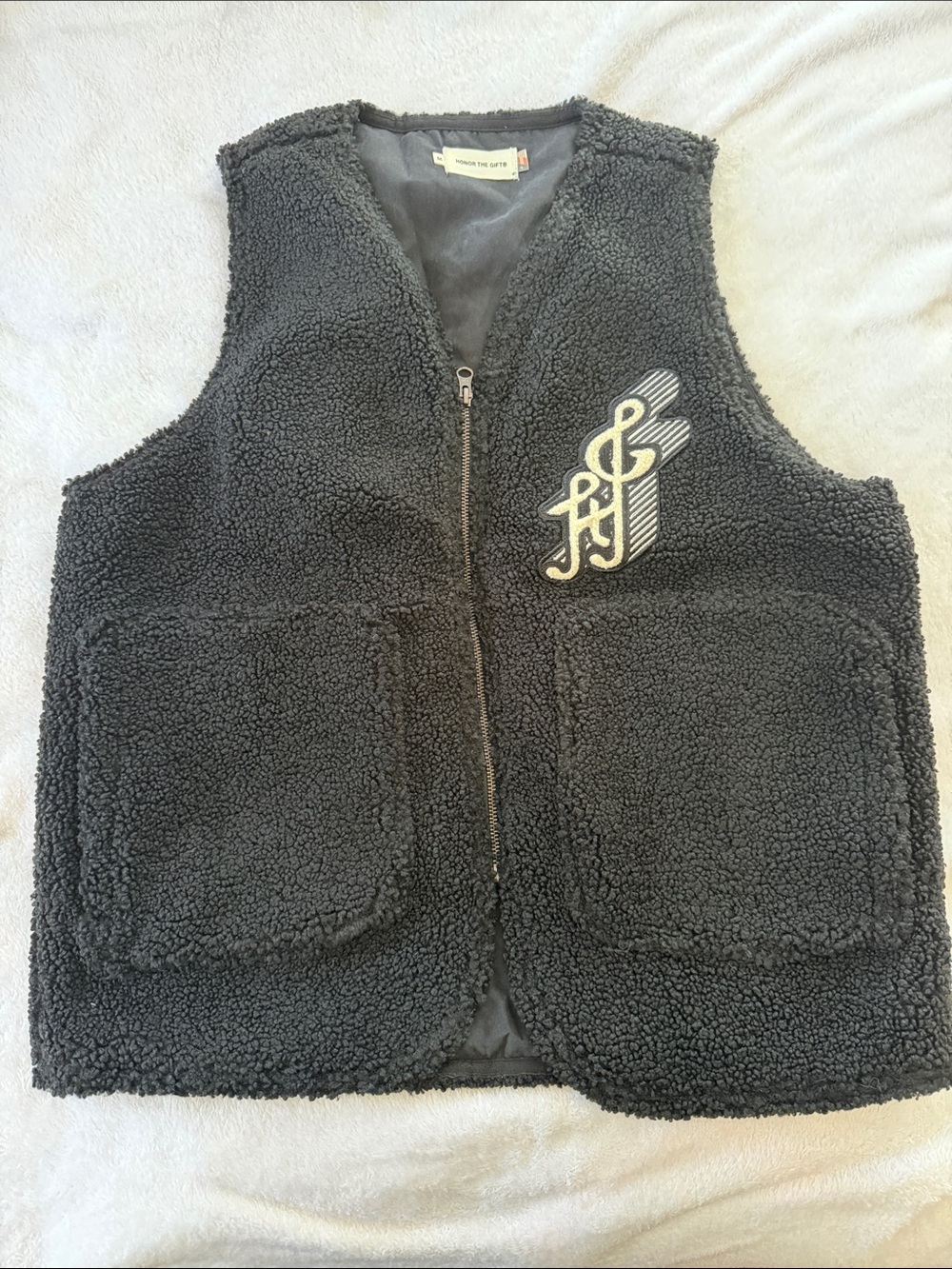 Black Sherpa Zip Vest with Music Patch -  Women Sweaters Cardigans